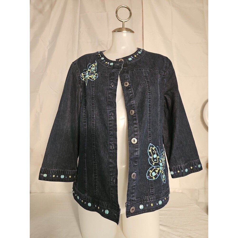Alfred Dunner Blue Denim Jacket size 10 Sequins Butterflies Button Down